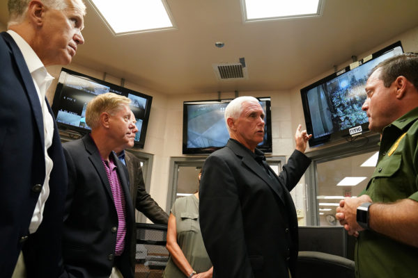 U.S. Vice President Mike Pence meets with officers at a Border Patrol station in McAllen, Texas, U.S. July 12, 2019. REUTERS/Veronica G. Cardenas