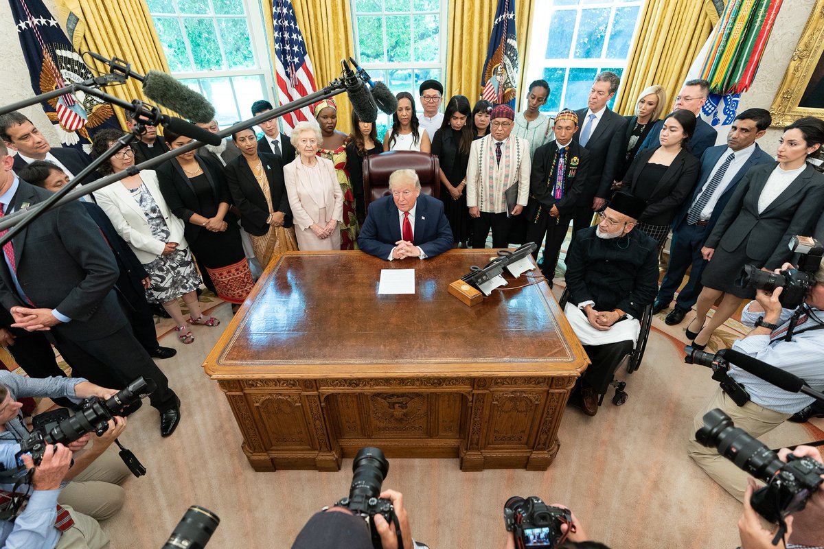 President Donald J. Trump meets with survivors of religious persecution from 17 countries Wednesday, July 17, 2019, in the Oval Office of the White House. (Official White House Photo by Shealah Craighead)