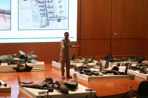 Saudi defence ministry spokesman Colonel Turki Al-Malik displays remains of the missiles which Saudi government says were used to attack an Aramco oil facility, during a news conference in Riyadh, Saudi Arabia September 18, 2019. REUTERS/Hamad I Mohammed