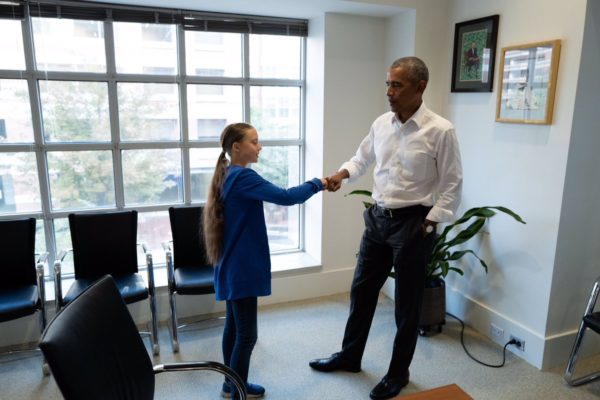 Barack Obama meets with Climate activist, Greta Thunberg, at the Obama Foundation offices. "Just 16, Greta Thunberg is already one of our planet’s greatest advocates. Recognizing that her generation will bear the brunt of climate change, she’s unafraid to push for real action. She embodies our vision at the Obama Foundation: A future shaped by young leaders like her."