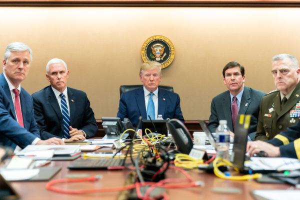 President Donald J. Trump is joined by Vice President Mike Pence, National Security Advisor Robert O’Brien, left; Secretary of Defense Mark Esper and Chairman of the Joint Chiefs of Staff U.S. Army General Mark A. Milley, right, Saturday, Oct. 26, 2019, in the Situation Room of the White House monitoring developments as U.S. Special Operations forces close in on notorious ISIS leader Abu Bakr al-Baghdadi’s compound in Syria with a mission to kill or capture the terrorist. (Official White House Photo by Shealah Craighead)