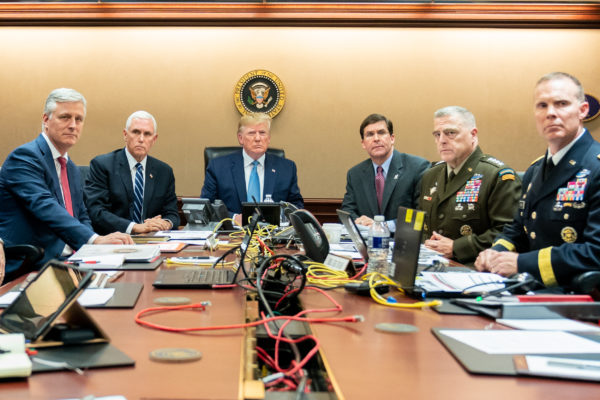 President Donald J. Trump is joined by Vice President Mike Pence, National Security Advisor Robert O’Brien, left; Secretary of Defense Mark Esper and Chairman of the Joint Chiefs of Staff U.S. Army General Mark A. Milley, and Brig. Gen. Marcus Evans, Deputy Director for Special Operations on the Joint Staff, at right, Saturday, Oct. 26, 2019, in the Situation Room of the White House monitoring developments as U.S. Special Operations forces close in on notorious ISIS leader Abu Bakr al-Baghdadi’s compound in Syria with a mission to kill or capture the terrorist. (Official White House Photo by Shealah Craighead)