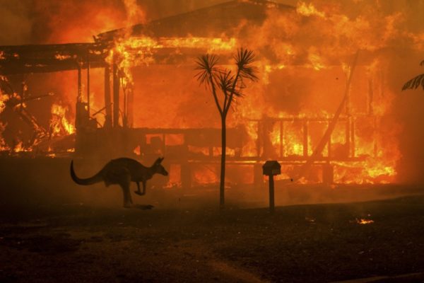 A kangaroo rushes past a burning house in Lake Conjola, New South Wales, Australia, on Tuesday. December 31, 2019.