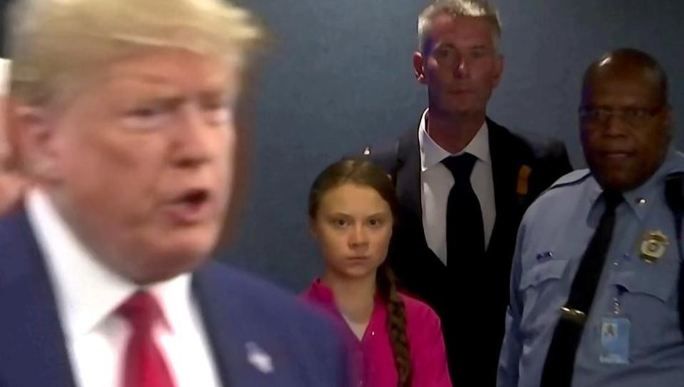 Swedish environmental activist Greta Thunberg watches as U.S. President Donald Trump enters the United Nations to speak with reporters in a still image from video taken in New York City, U.S. September 23, 2019. REUTERS/Andrew Hofstetter