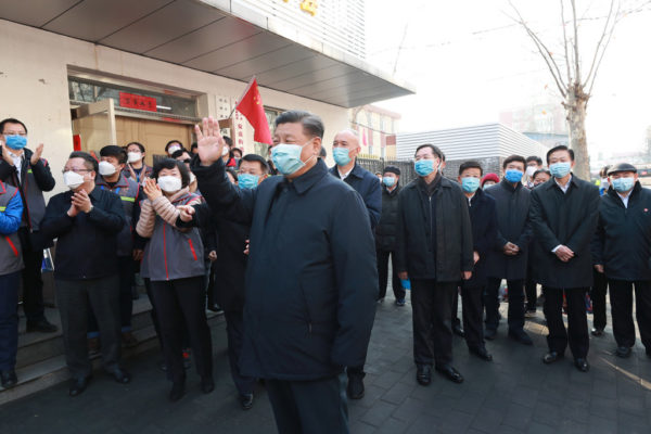 Chinese President Xi Jinping inspects prevention and control work against the new coronavirus in Beijing on Feb. 10. Pang Xinglei/Xinhua via Getty Images