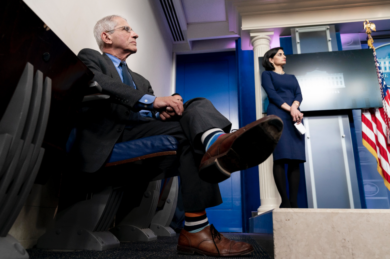 Director of the National Institute of Allergy and Infectious Diseases Dr. Anthony S. Fauci and Administrator for the Centers for Medicare and Medicaid Services Seema Verma participate in a coronavirus update briefing Tuesday, April 7, 2020, in the James S. Brady Press Briefing Room of the White House. (Official White House Photo by Andrea Hanks)