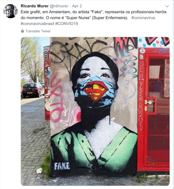 This graffiti in Amsterdam by the artist "Fake" represents the professional heroes of the moment. The name is "Super Nurse".