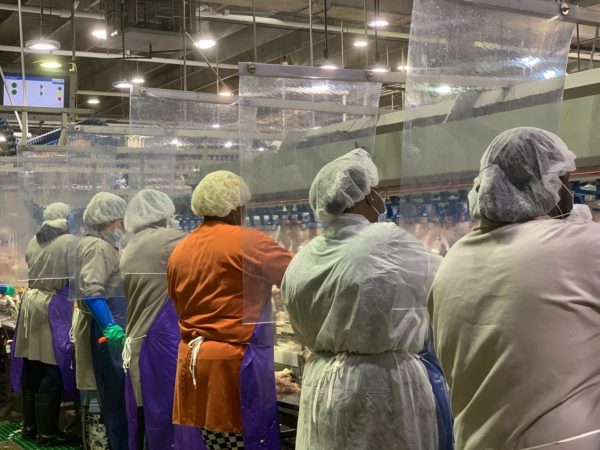 Handout via Tyson Foods. Caption: Tyson Foods workers at the company’s poultry processing plant in Camilla, Georgia
