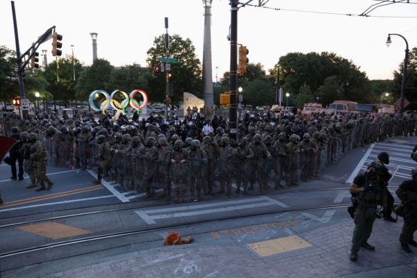 National Guard personnel are seen during a protest near Centennial Olympic Park in Atlanta, June 1.