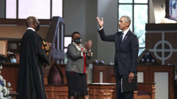 PHOTO: Alyssa Pointer/Atlanta Journal-Constitution via AP, Pool Former President Barack Obama acknowledges the crowd after addressing services for the late Rep. John Lewis, D-Ga., at Ebenezer Baptist Church in Atlanta, Thursday, July 30, 2020.