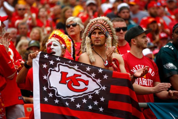 Native American communities and allies are speaking out against the NFL’s decision to allow Kansas City Chiefs fans to attend the Super Bowl wearing mock headdresses, face paint and performing the so-called “tomahawk chop” chant. (Jamie Squire/Getty Images)