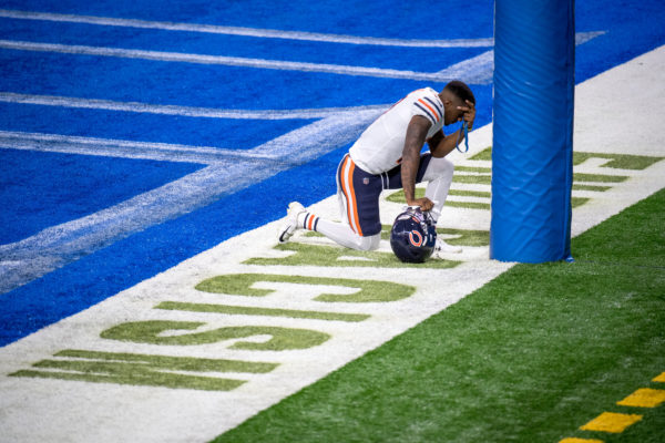 DETROIT, MI - SEPTEMBER 13: Anthony Miller #17 of the Chicago Bears kneels in the end zone before the game against the Detroit Lions at Ford Field on September 13, 2020 in Detroit, Michigan. (Photo by Nic Antaya/Getty Images)