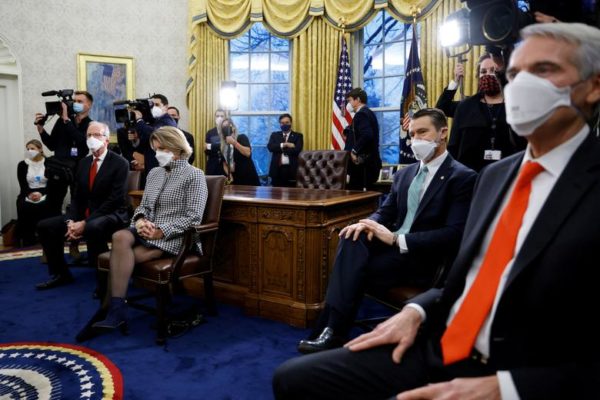 Photo: Tom Brenner/Reuters Caption: Republican senators look on during a meeting with President Joe Biden and Vice President Kamala Harris, not pictured, to discuss coronavirus federal aid legislation inside the Oval Office at the White House.