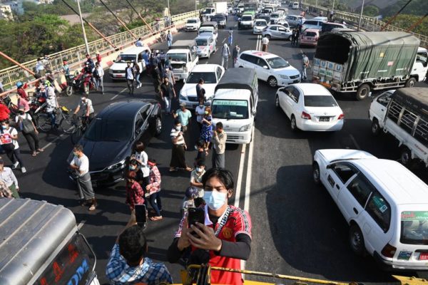 Protesters block a bridge