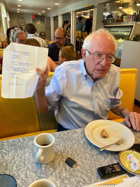 Photo: Shawn McCreesh/New York Times. The photo was taken during a sit down interview between columnist Maureen Dowd and Sen Bernie Sanders at a diner near his office in Burlington, Vt. Sanders would not be distracted from his agenda and the photo is captioned, “The man and his $6 trillion plan.”